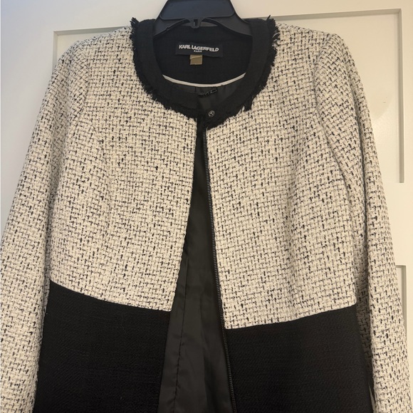 Karl Lagerfeld Black and White Tweed Colorblock Coat - Picture 2 of 5
